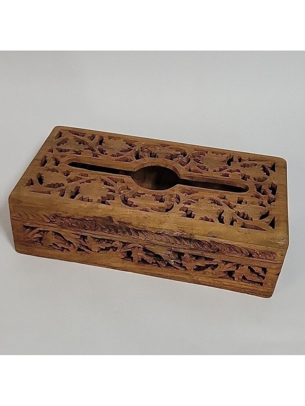 Vintage Mid-Century Carved Wooden Hinged Tissue Box Holder